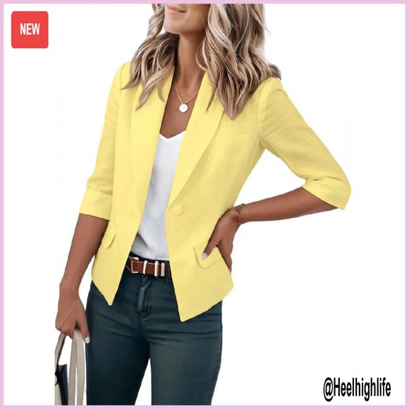 Cropped Linen Blazer 3/4 Sleeve Lightweight Business Casual Jacket